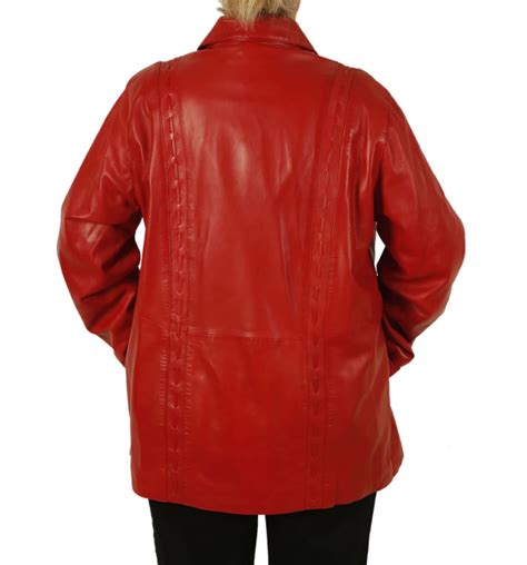 Plus Size 22 Ladies 34 Red Leather Jacket With Inlaid Detail From