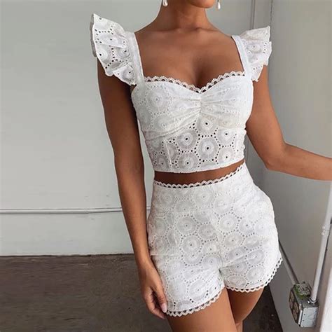 White Floral Hollow Out Two Piece Matching Sets Zipper Crop Tops Short
