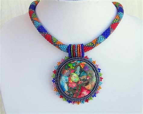 Bead Embroidery Necklace Pendant Beadwork With Rainbow Sea Etsy