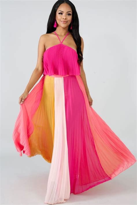 Hot Pink Color Block Pleated Halter Casual Maxi Dress Maxi Dresses