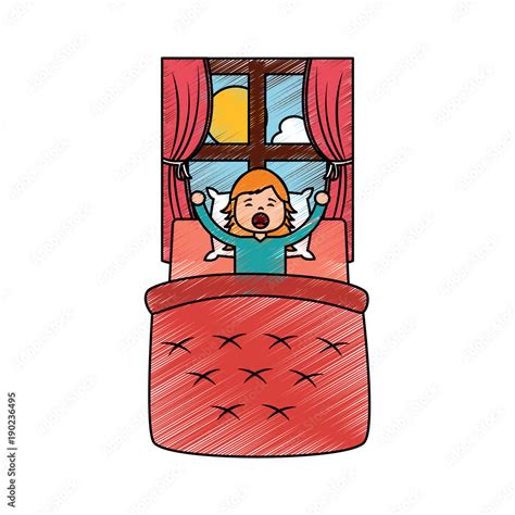 Little Girl Waking Up In Bed And Window Landscape Vector Illustration