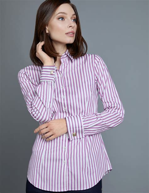 Womens Fuchsia And White Stripe Fitted Shirt Double Cuff Hawes And Curtis