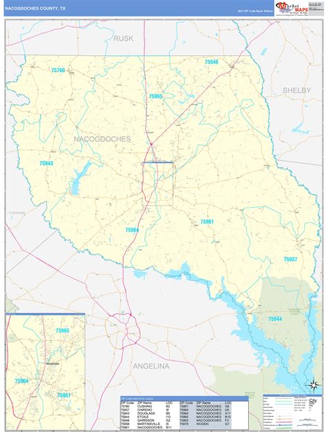 Nacogdoches County Tx Zip Code Wall Map Basic Style By Marketmaps
