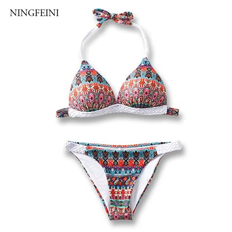 Ningfeini Brazilian Bikini Set Geometric Print Swimwear Women Swimsuit Bathing Suits Halter