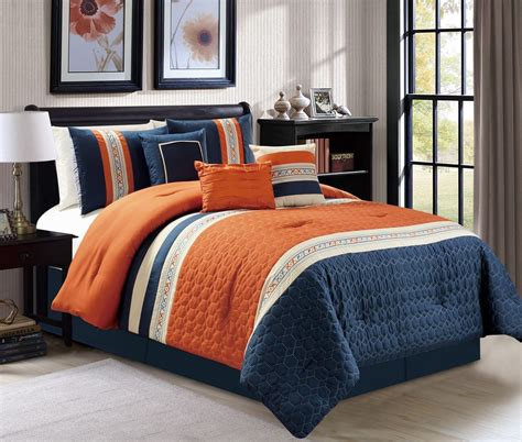 New 7 Pc Cal King Size Honeycomb Quilted Orange Navy Ivory Comforter