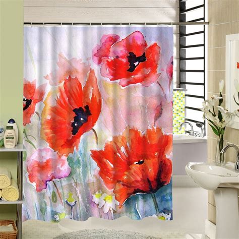 Charmhome Watercolor Red Floral Shower Curtain Polyester