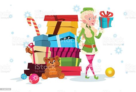 christmas elf girl cartoon character santa helper with present box