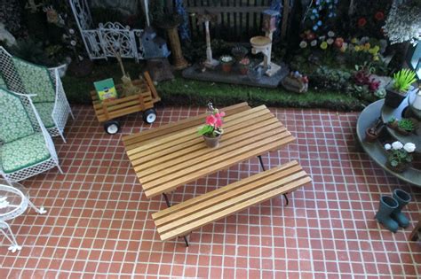 Miniature Picnic Table And Benches 3 Pc Set Wood And Metal Mini