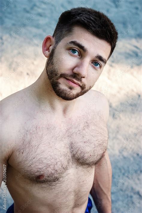 Closeup Portrait Of Sexy Shirtless Hairy Bearded Babe Man With Blue Eyes Vintage Effect