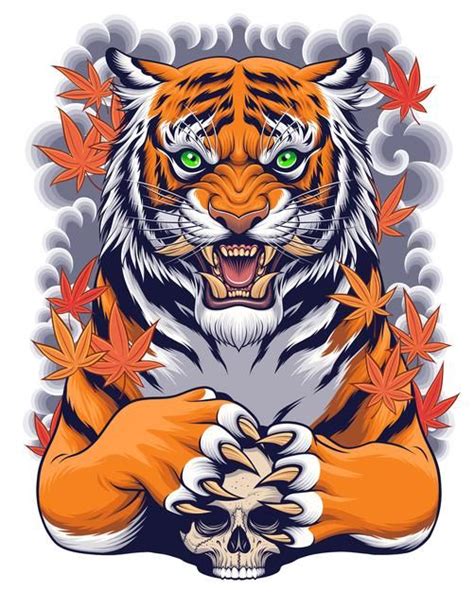 Premium Vector Tiger And Skull Illustration With Japanese Style Art