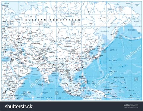 Asia Detailed Map Rivers Lakes Elevations Stock Vector Royalty Free
