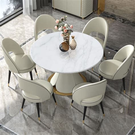 472 White Round Marble Dining Table With Stainless Steel Base With Pu