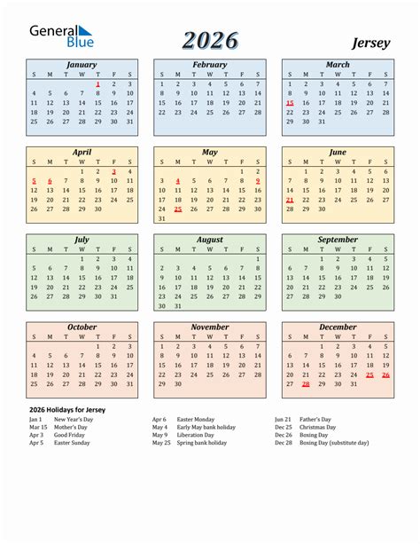 2026 Jersey Calendar With Sunday Start