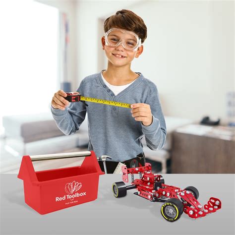 Red Toolbox Kids 7pc Tool Set And Car Engineering Kit Includes Hand T