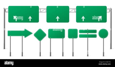 Highway Green Road Signs Blank Signage Boards On Steel Poles For
