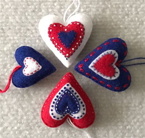 Valentine Heart Ornaments Red White And Blue Felt Hearts Set Of Four By