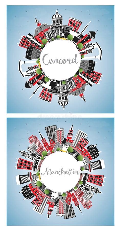Manchester And Concord New Hampshire City Skyline Set Stock
