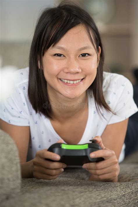 Profile View Woman Playing Video Games Stock Photo Image Of Girl