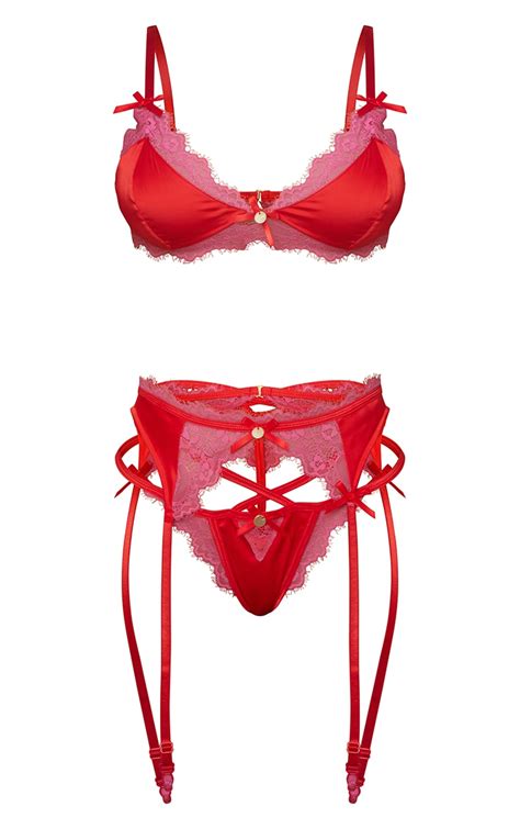 red contrast eyelash lace 3 piece lingerie set prettylittlething aus