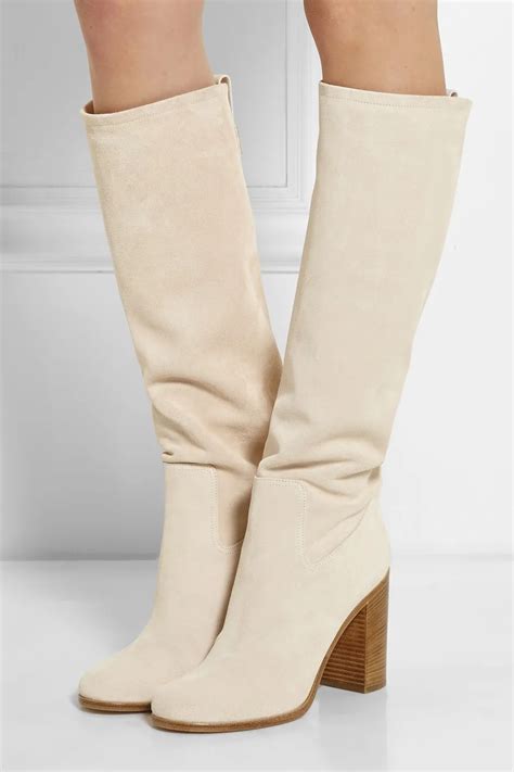 Brand New Fashion High Quality Beige Color Suede Leather Knee High Chunky Heels Boots Women Long
