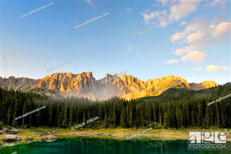 Karersee Lake In Front Of Latemar Lago Di Carezza Carezza Dolomites