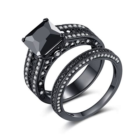 This handmade band is available in a variety of metals with a squared bottom for extra. Black 925 Sterling Silver Black Princess Cut Engagement ...
