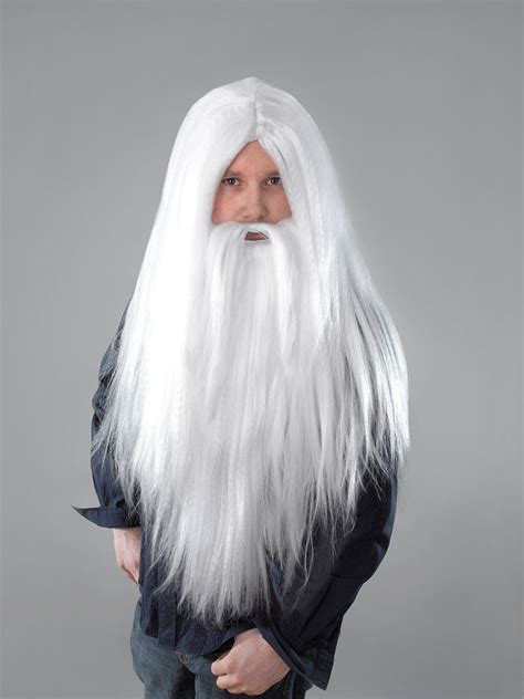 Mens Long Wizard Wig And Beard White Halloween Gandalf Merlin Fancy Dress