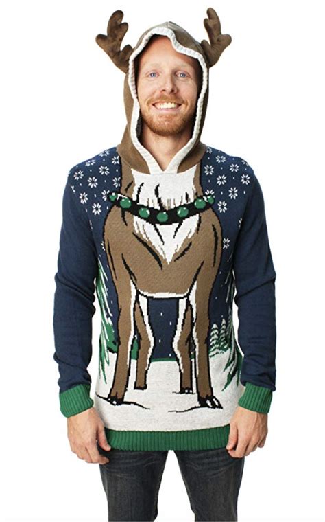Ugly Christmas Sweater Mens Hooded Reindeer Sweater The Real Deal By