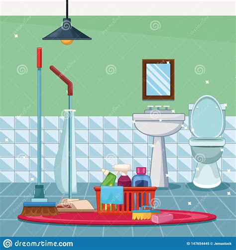 Housekeeping Cleaning Cartoon Stock Vector Illustration Of Bathroom
