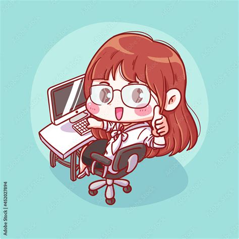 Cute And Kawaii Girl Working On Desk Manga Chibi Illustration Stock