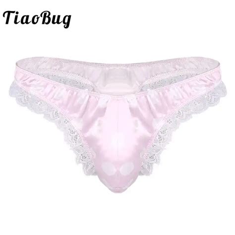 Tiaobug Mens Lingerie Bulge Pouch Ruffle Lace Shiny Bikini Thong Sexy Gay Men Underwear Hot