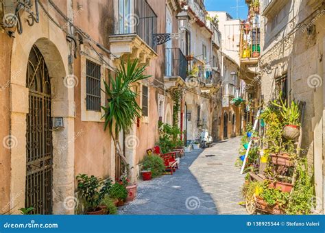 Picturesque Street In Ortigia Siracusa Old Town Sicily Southern Italy Editorial Stock Image