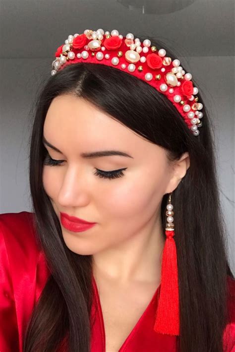 Beaded Headband For Woman Padded Headband Women Red Pearl Crystal