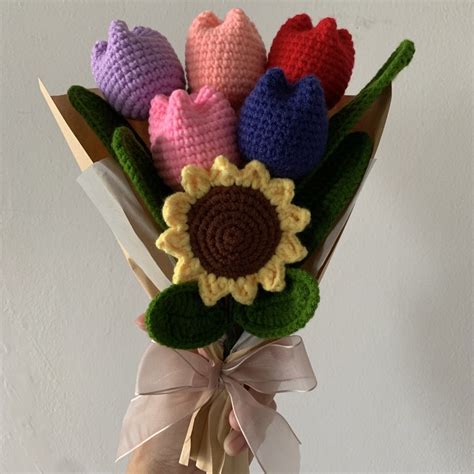 Jual Bunga Rajut Buket Bouquet Tulip Sunflower Matahari Crochet