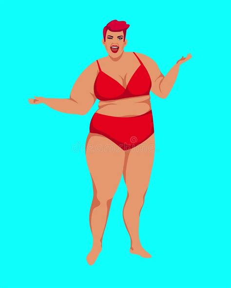 Plus Size Girl In Red Lingerie A Beautiful And Cheerful Woman Who Loves Her Body Stock Vector