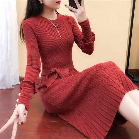 early autumn women s long sweater dress long sleeved o neck sweater dresses in dresses from
