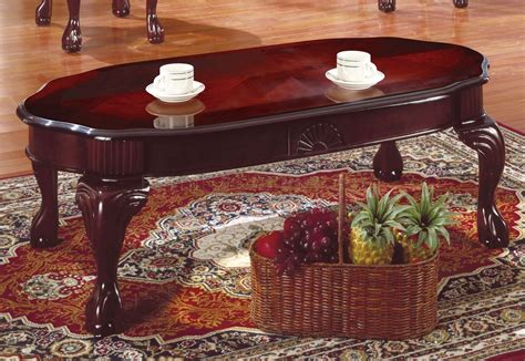 Rich Cherry Finish Traditional Coffee 3pc Table Wcarved Legs