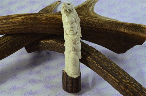 American Indian Hand Carved Walking Stick Cane Top Handle Stag Antler