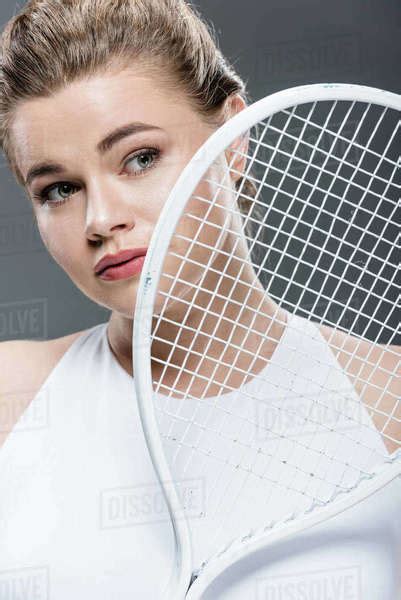 Beautiful Young Oversize Woman Holding Tennis Racquet Isolated On Grey