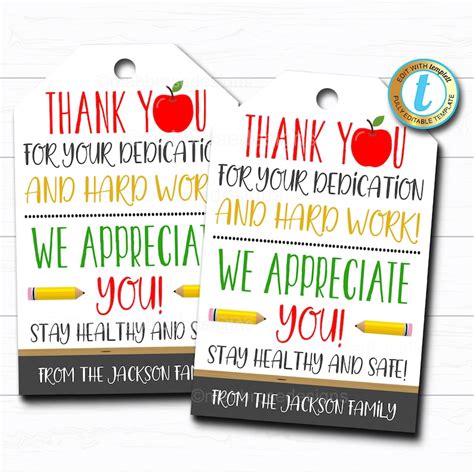 Teacher Appreciation T Tag Thank You T Staff School Pto Etsy