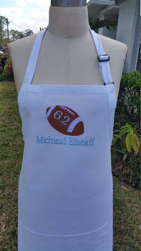 Big And Tall White Apron Football Ball Embroidery And Name Etsy Custom Aprons White