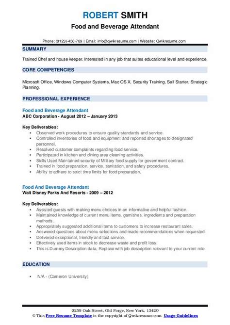Construction, manufacturing, healthcare, non profit. Food And Beverage Attendant Resume Samples | QwikResume