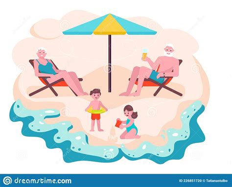 i nonni della famiglia felice passano del tempo con i nipoti in spiaggia illustrazione