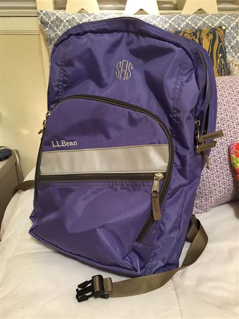 Purple Llbean Backpack With Monogram And Reflective Light Strip