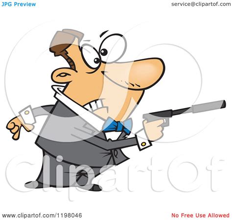 Cartoon Of A Male Caucasian Secret Angent Pointing A Gun With A Silencer Royalty Free Vector