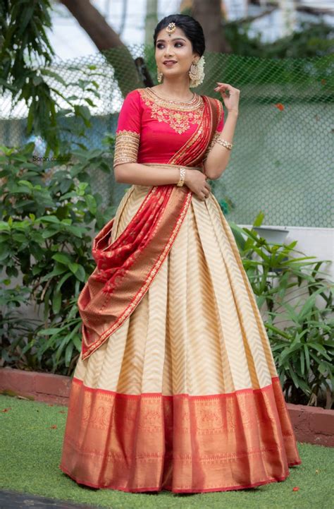 Gold Beige And Red Traditional Half Saree Set Anju Shankar Label