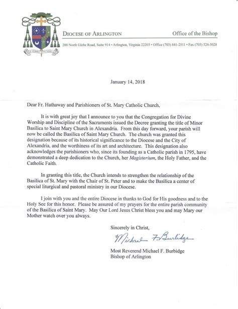These letters should be sent as soon as possible after a member notifies you that they'd like to transfer their membership to a different church. Letter from Bishop Burbidge - The Basilica of Saint Mary
