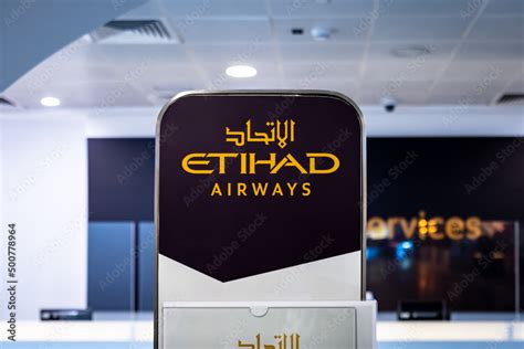 Abu Dhabi UAE April 2022 Etihad Airways Check In Counter With Logo