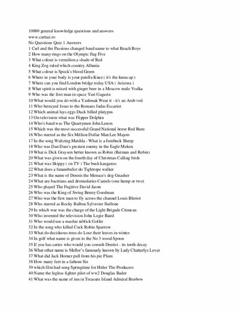 Questions have multiple choice answers. 10000 general knowledge questions and answers