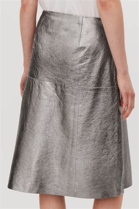 Model Side Image Of Cos Cracked Leather A Line Skirt In Silver